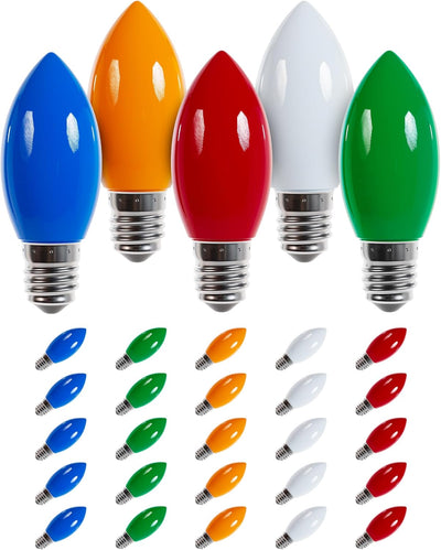 Set of 25 multicolor C7 LED light bulbs with E12 bases in blue, orange, red, white, and green.