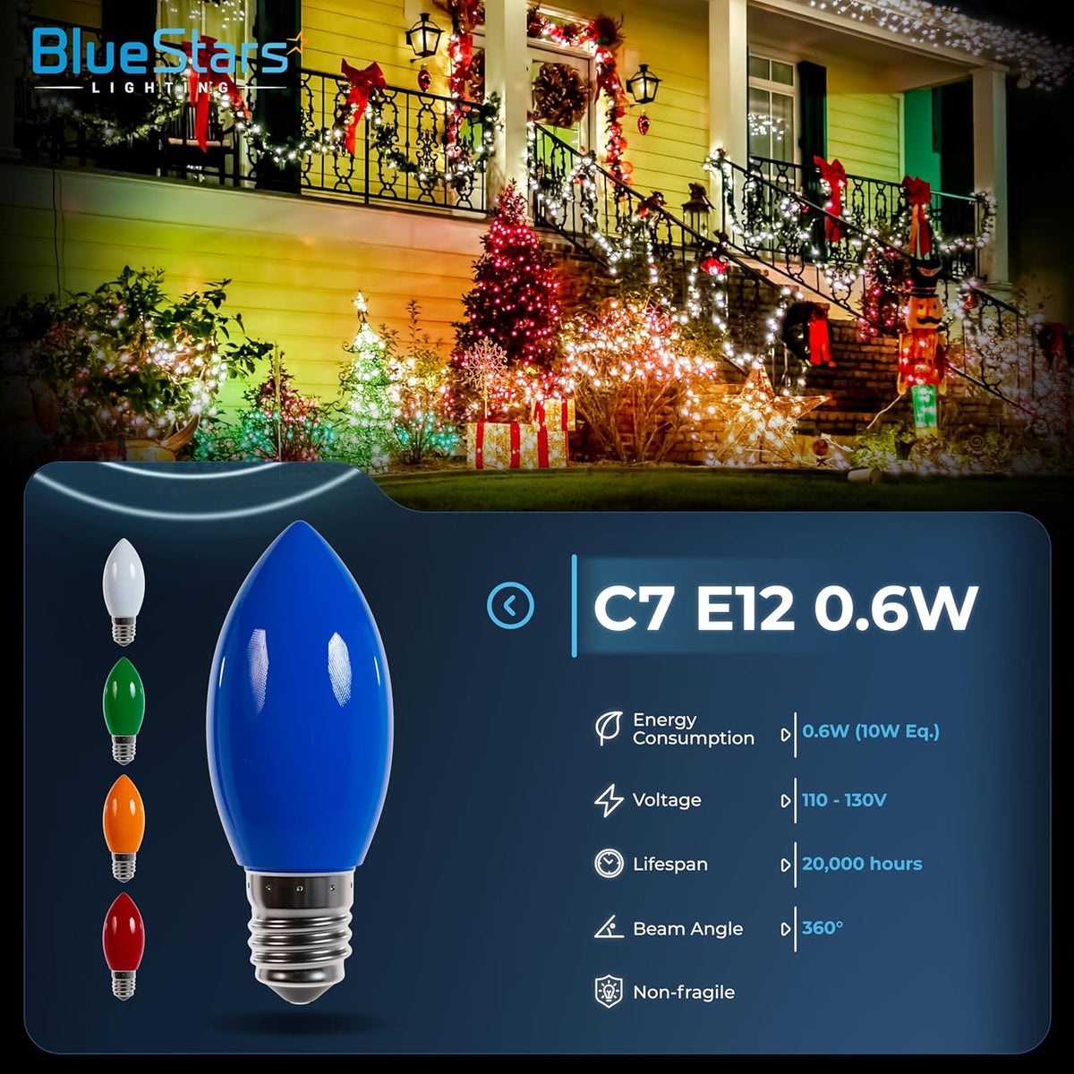 Multicolor C7 E12 LED light bulb with technical specifications and holiday house background.