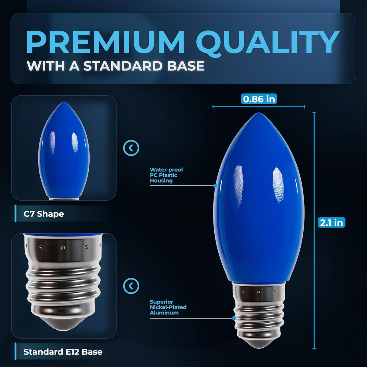 Infographic showing dimensions and features of a blue C7 LED light bulb with an E12 base.