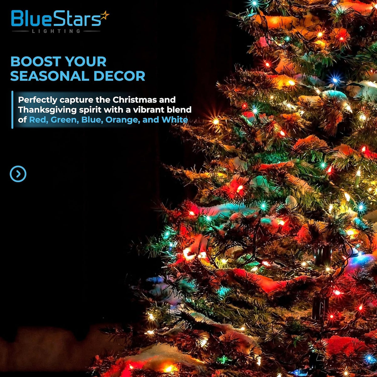 Multicolor C7 LED light bulbs illuminating a decorated Christmas tree for seasonal holiday decor.