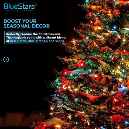 Multicolor C7 LED light bulbs illuminating a decorated Christmas tree for seasonal holiday decor.