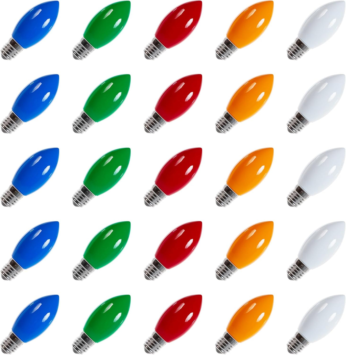 Pack of 25 multicolor C7 LED light bulbs with E12 base arranged in a grid pattern.