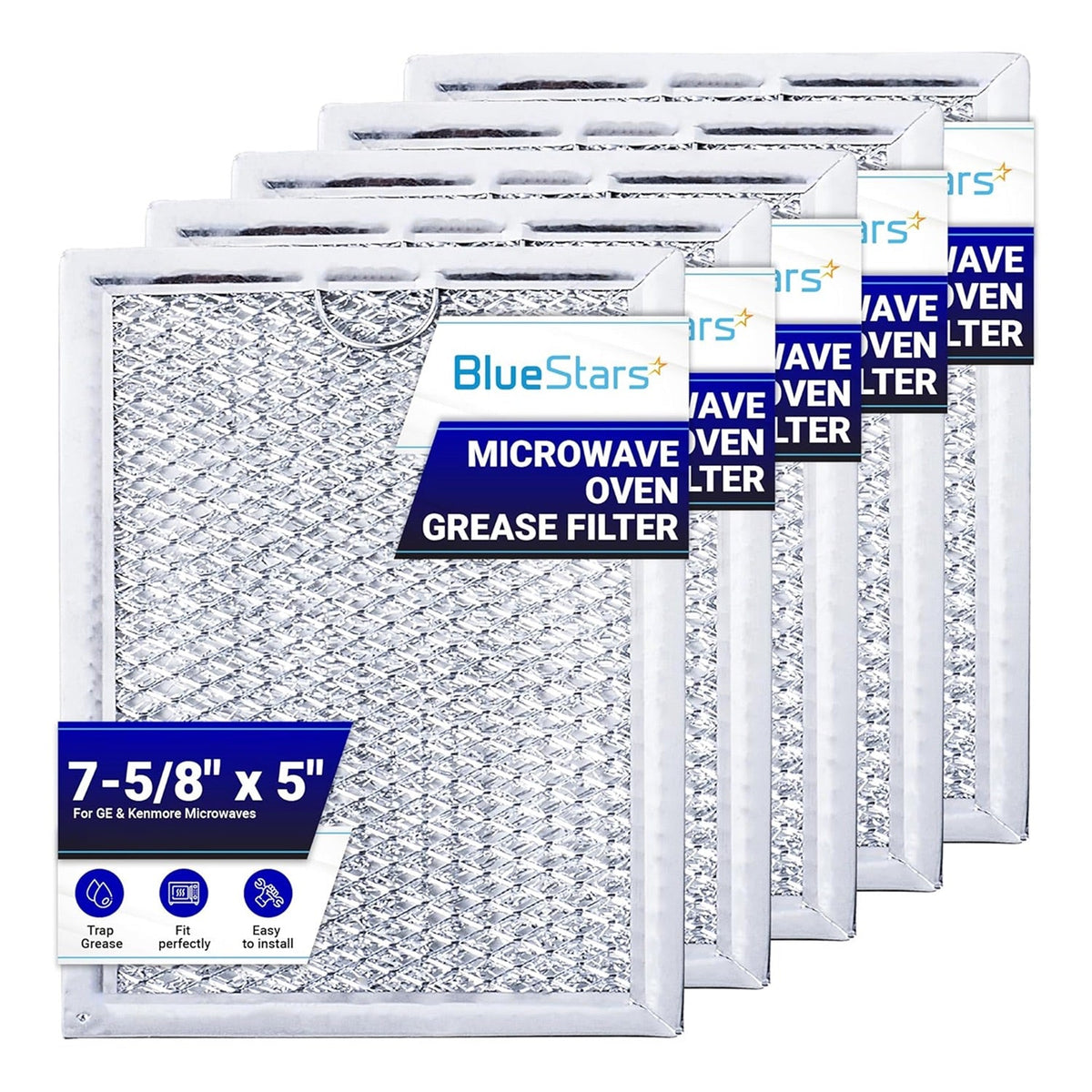 Pack of 5 replacement microwave grease filters for GE and Kenmore, 7-5/8" x 5" metal mesh vent hood filters.