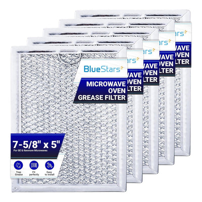Pack of 5 replacement microwave grease filters for GE and Kenmore, 7-5/8" x 5" metal mesh vent hood filters.