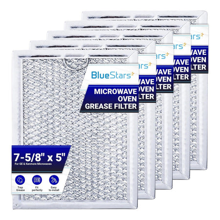 Pack of 5 replacement microwave grease filters for GE and Kenmore, 7-5/8" x 5" metal mesh vent hood filters.