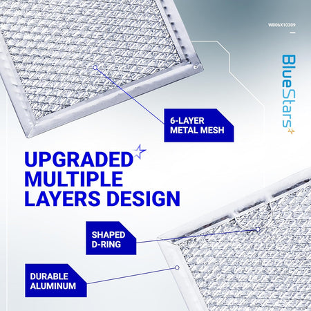 Close-up of WB06X10309 microwave grease filter showing 6-layer aluminum mesh design and D-ring handle.