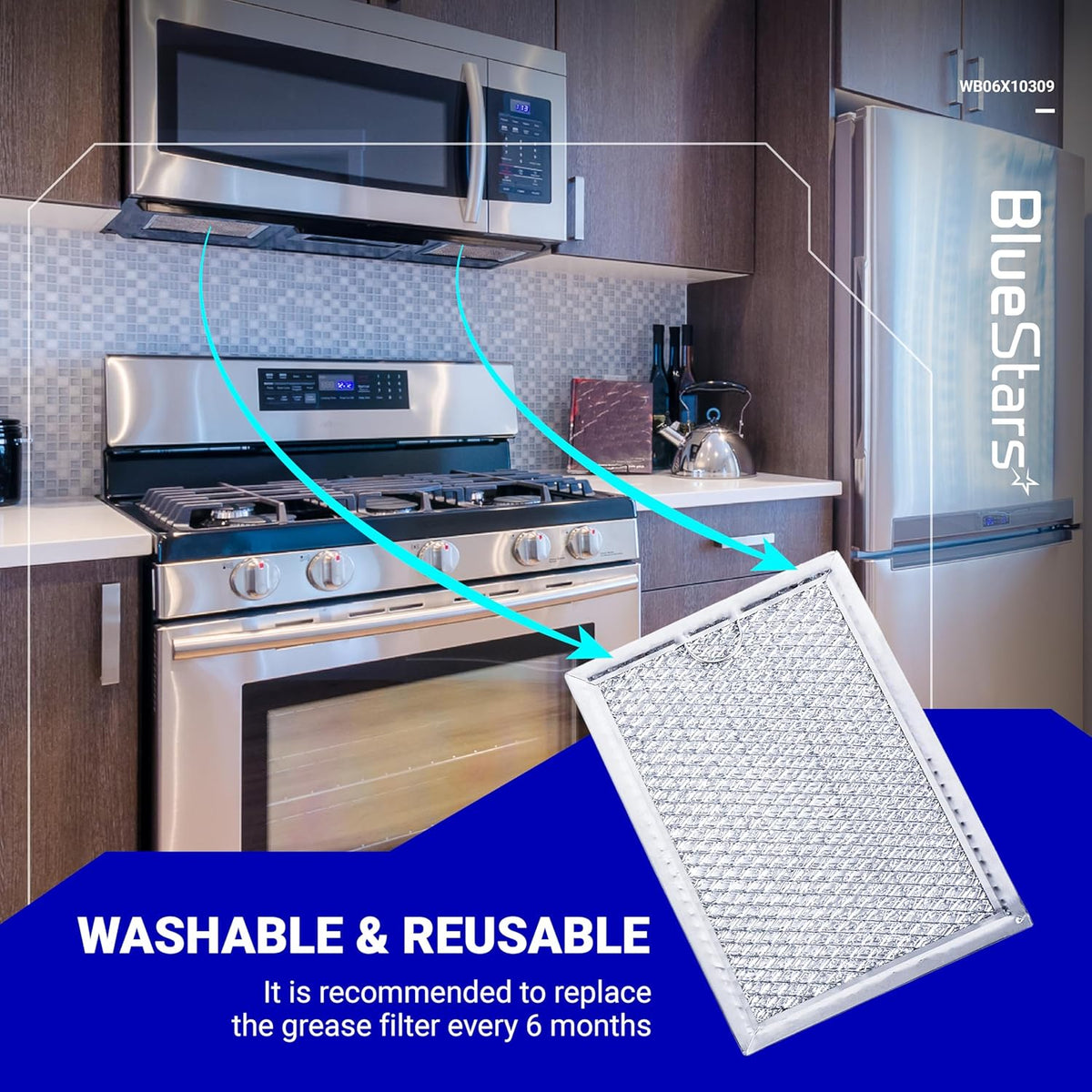 WB06X10309 microwave grease filter replacement shown installed under an over-the-range microwave hood.