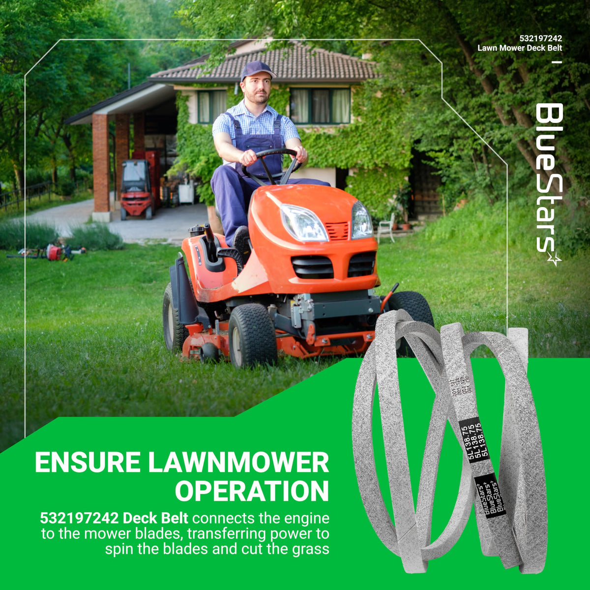 532197242 mower deck belt for Husqvarna and Craftsman lawn tractors shown with a man operating a riding mower.