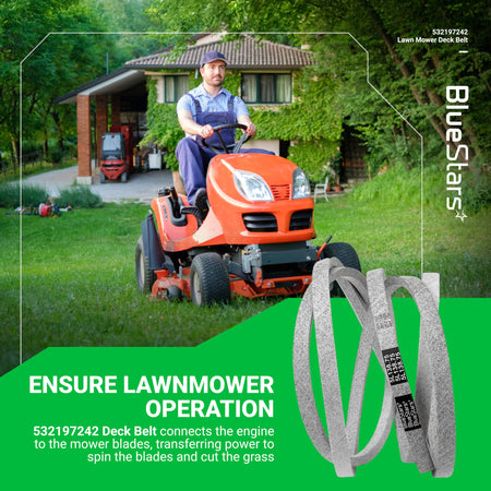 532197242 mower deck belt for Husqvarna and Craftsman lawn tractors shown with a man operating a riding mower.