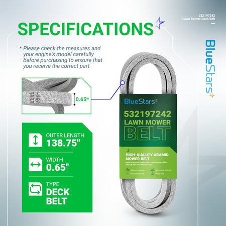 532197242 mower deck belt specifications chart showing 138.75-inch length and 0.65-inch width dimensions.