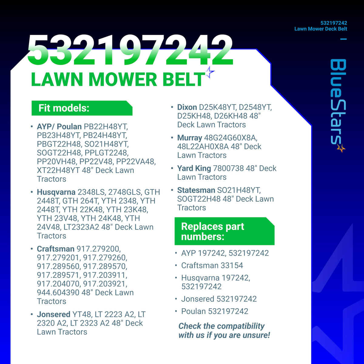 Compatibility chart for 532197242 mower deck belt listing fit models and replacement part numbers.