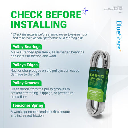532197242 mower deck belt installation guide showing tips for checking pulley bearings, edges, grooves, and springs.