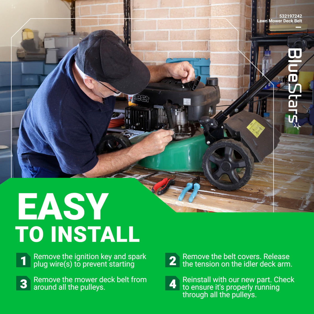 Instructional graphic showing a technician installing a 532197242 mower deck belt on a lawn tractor.