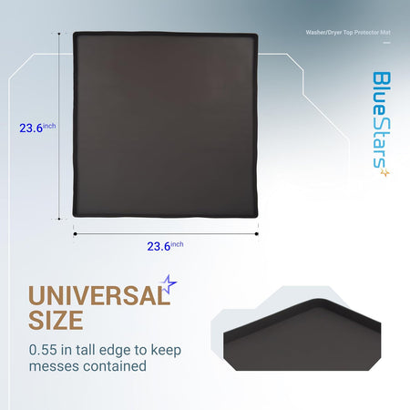 23.6-inch square silicone washer and dryer top mat with raised edges for spill protection.