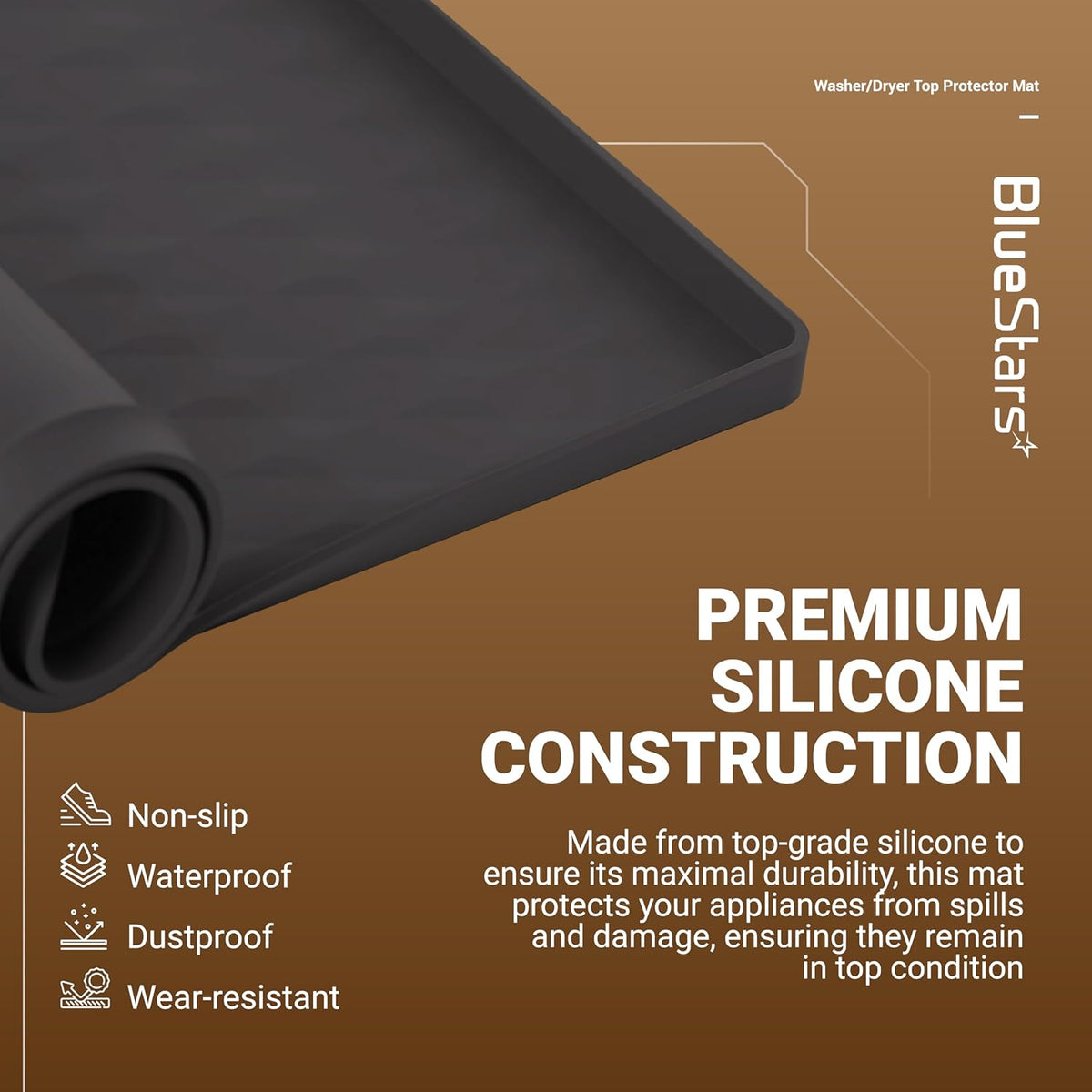 Close-up of a black silicone washer and dryer top protector mat with non-slip, waterproof, and dustproof features.