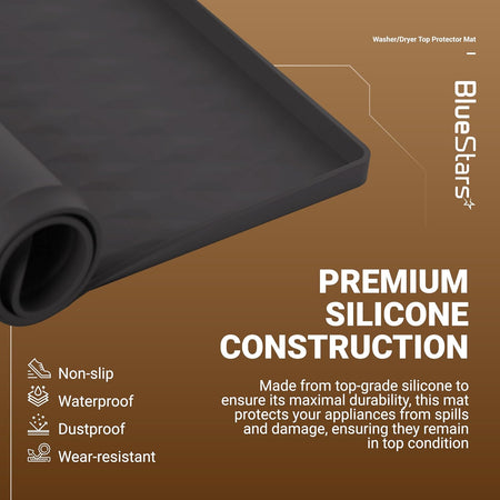 Close-up of a black silicone washer and dryer top protector mat with non-slip, waterproof, and dustproof features.