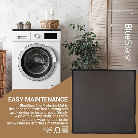 Black silicone washer and dryer top protector mat shown in a lifestyle setting with maintenance instructions.