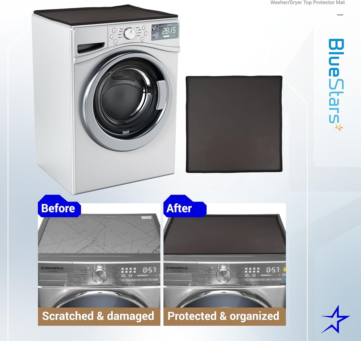 Before and after comparison of a 23.6-inch silicone washer and dryer top mat protecting a machine surface.