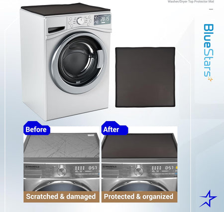 Before and after comparison of a 23.6-inch silicone washer and dryer top mat protecting a machine surface.