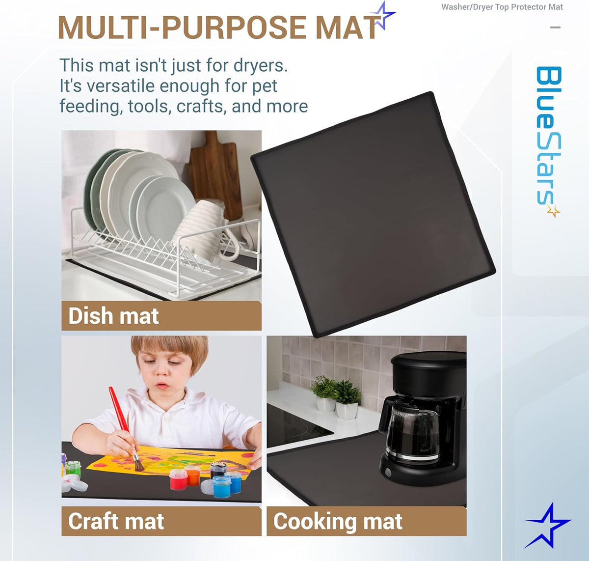 Collage showing the waterproof silicone mat used as a dish drying, craft, and cooking surface protector.