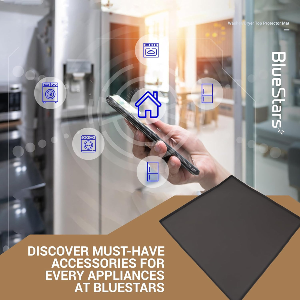 Black silicone washer and dryer top protector mat with promotional lifestyle graphic overlay.