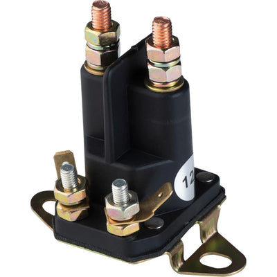 4-pole starter solenoid for Craftsman, Poulan, and Husqvarna lawn mowers with mounting bracket and terminal nuts.
