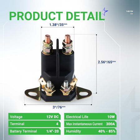 Dimensional diagram of 4-pole starter solenoid for Craftsman, Poulan, and Husqvarna lawn mowers.