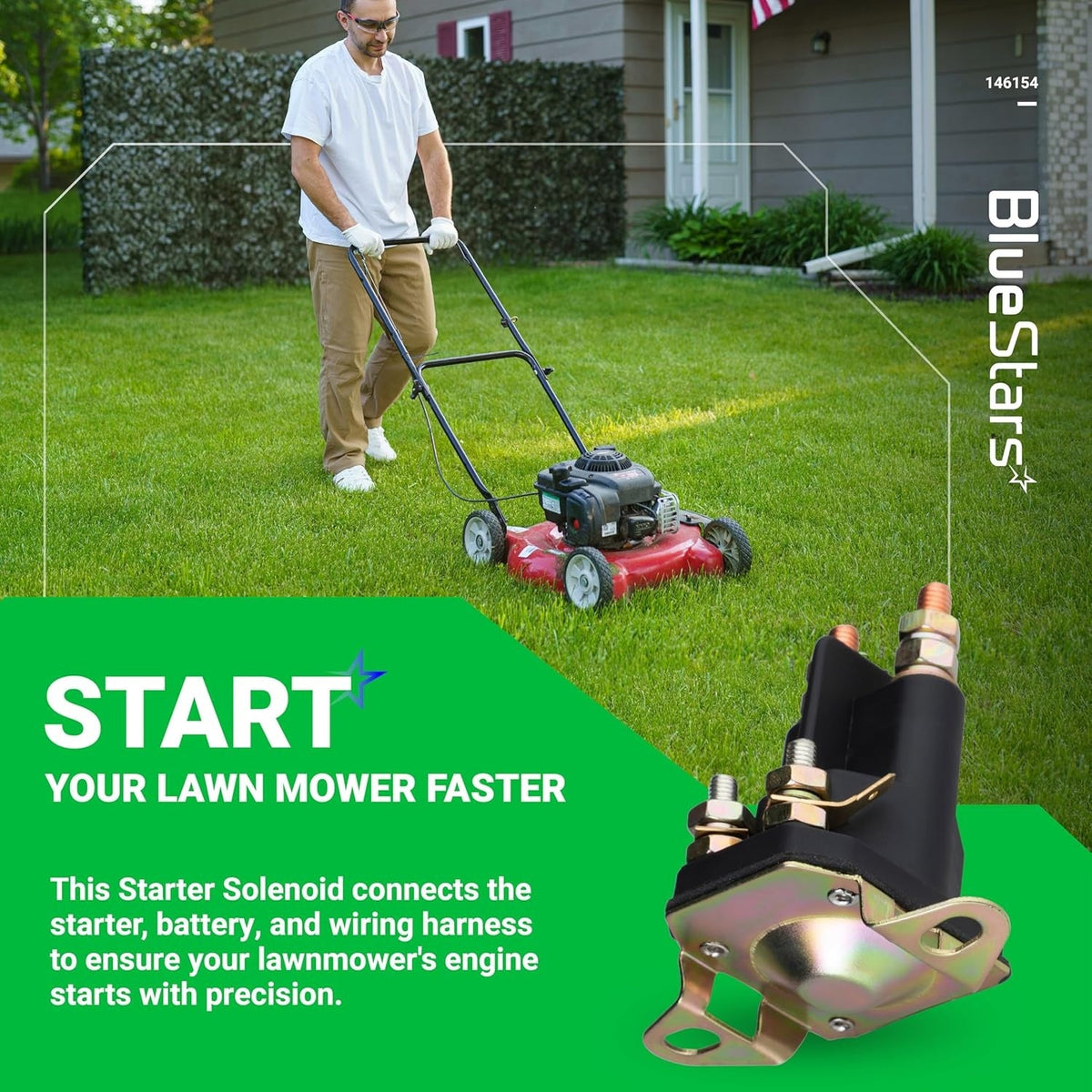 4-pole starter solenoid for Craftsman, Poulan, and Husqvarna lawn mowers shown in a lifestyle product graphic.