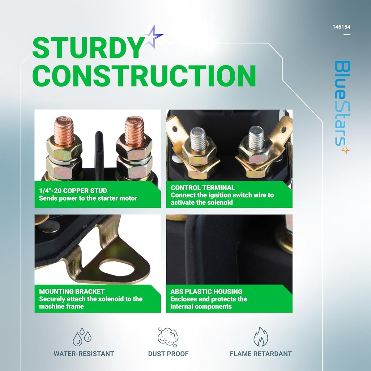 Infographic showing construction features of 146154 4-pole starter solenoid for Craftsman and Husqvarna lawn mowers.