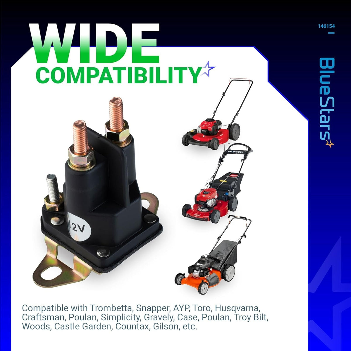 4-pole 12V starter solenoid for Craftsman, Poulan, and Husqvarna lawn mowers with wide compatibility graphic.
