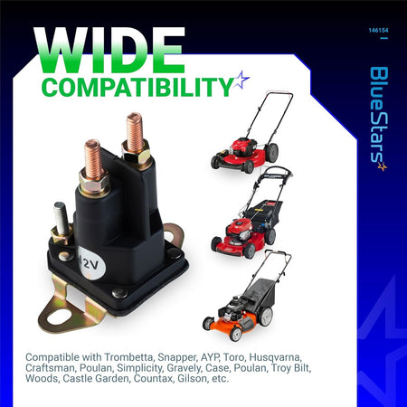 4-pole 12V starter solenoid for Craftsman, Poulan, and Husqvarna lawn mowers with wide compatibility graphic.