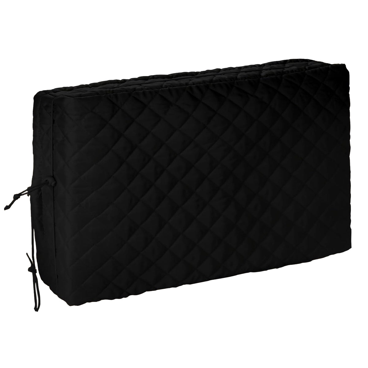 Black quilted indoor window air conditioner cover with drawstring closure.