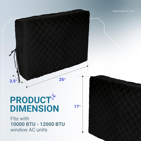 Black quilted indoor window air conditioner cover with 25x17x3.5 inch dimensions and drawstring closure.