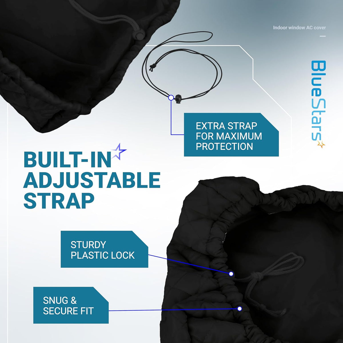 Black indoor window AC cover showing the adjustable strap, plastic lock, and secure fit features.