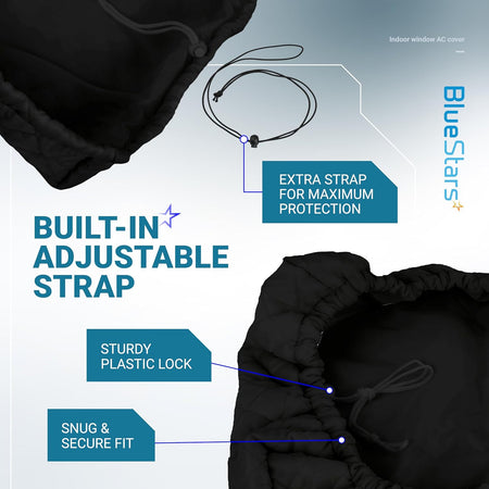 Black indoor window AC cover showing the adjustable strap, plastic lock, and secure fit features.