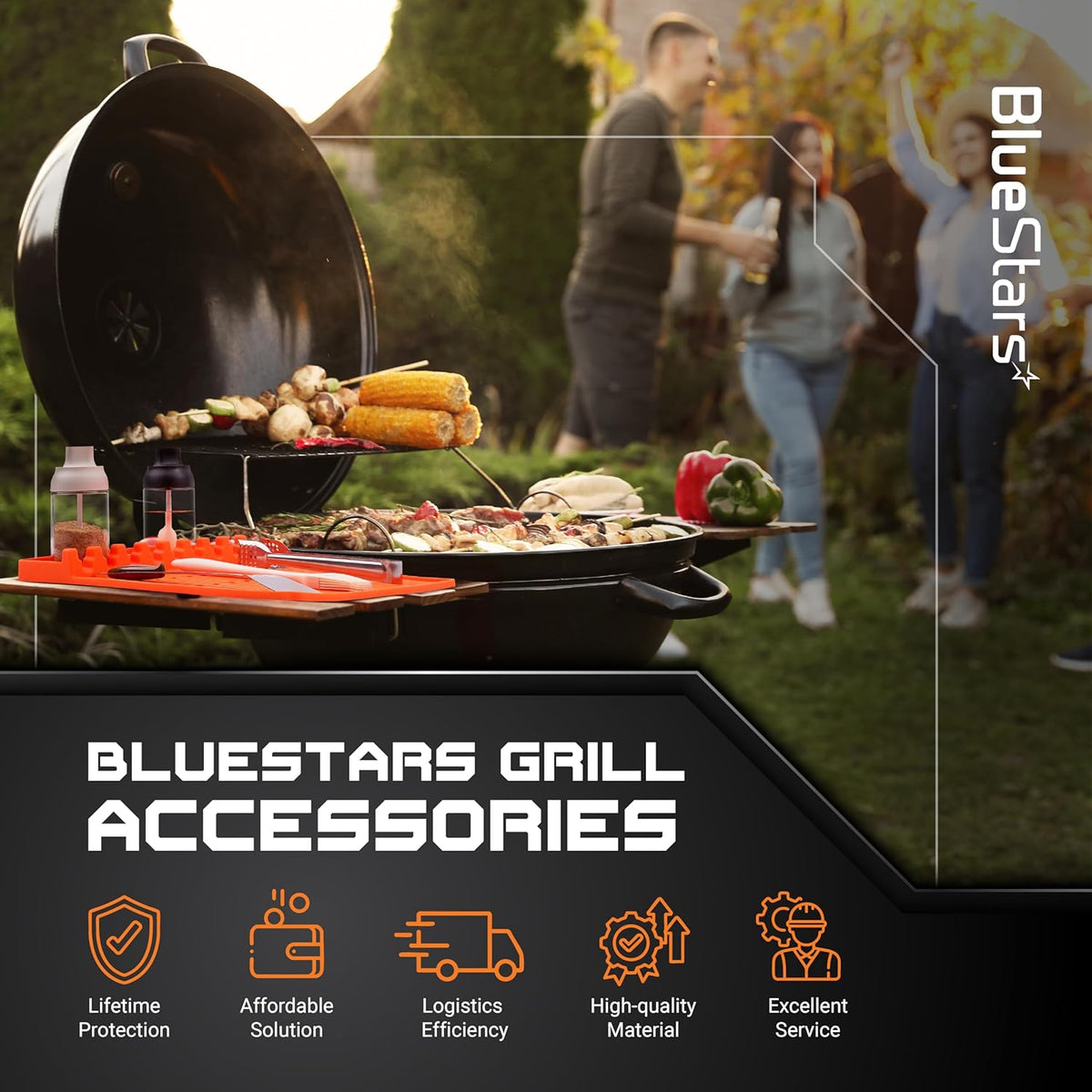 Orange silicone griddle mat placed on a grill side table with cooking utensils and seasonings.