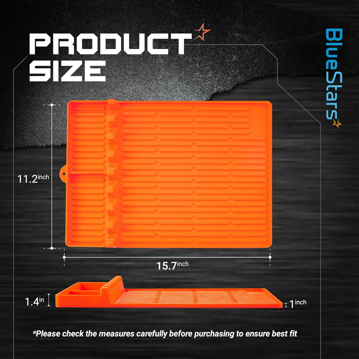 Orange silicone griddle mat showing top and side view dimensions of 15.7 by 11.2 inches.