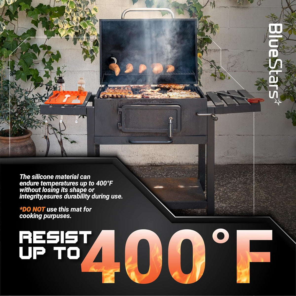 Orange silicone griddle mat placed on a side shelf of a charcoal grill with heat resistance text overlay.