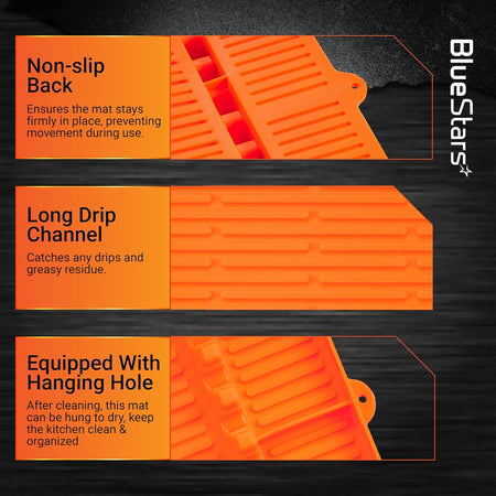 Infographic showing silicone griddle mat features: non-slip back, drip channel, and hanging hole.