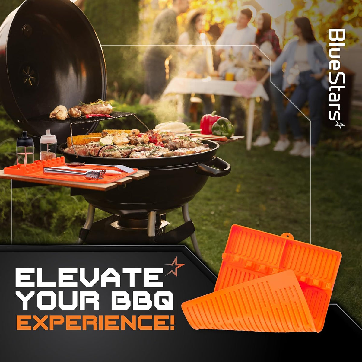 Orange silicone griddle mat for BBQ grill tool organization shown in a lifestyle setting.