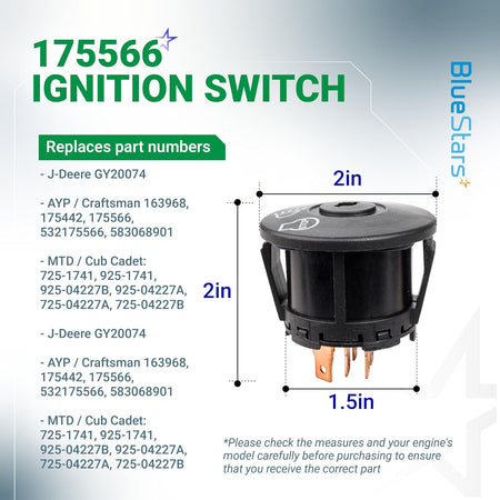175566 Ignition Switch, dimension diagram showing 2-inch height, 2-inch diameter, and 1.5-inch base