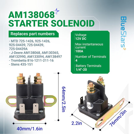 AM138068 Starter Solenoid, product views with terminal, electrical specification, and dimension diagrams