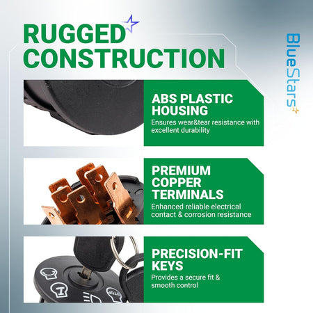 175566 Ignition Switch, rugged construction infographic showing ABS housing, copper terminals, and precision-fit keys