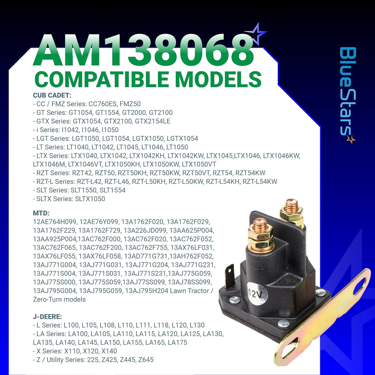 AM138068 Starter Solenoid compatible models chart with solenoid product photo