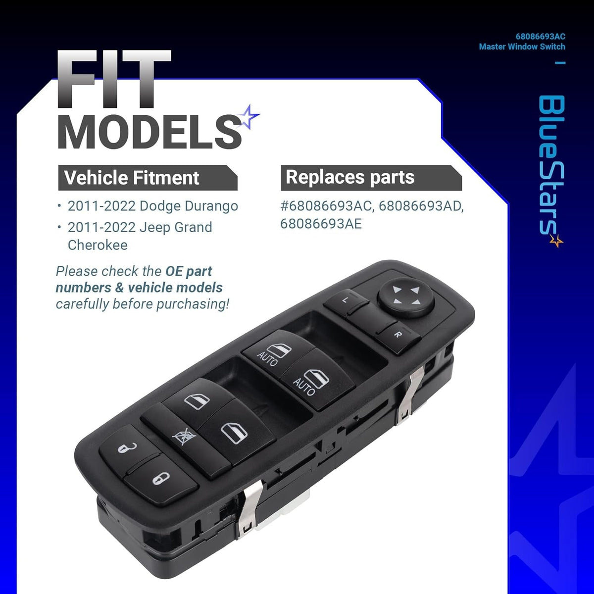 Driver side power master window switch for Dodge Durango and Jeep Grand Cherokee with vehicle fitment chart.