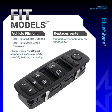 Driver side power master window switch for Dodge Durango and Jeep Grand Cherokee with vehicle fitment chart.
