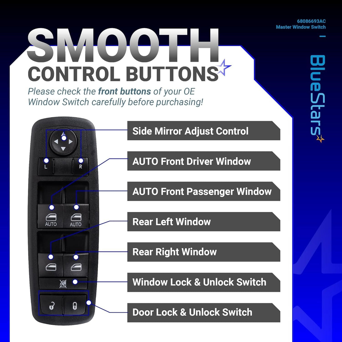 Diagram of 68086693AC driver side power master window switch showing button functions and layout.
