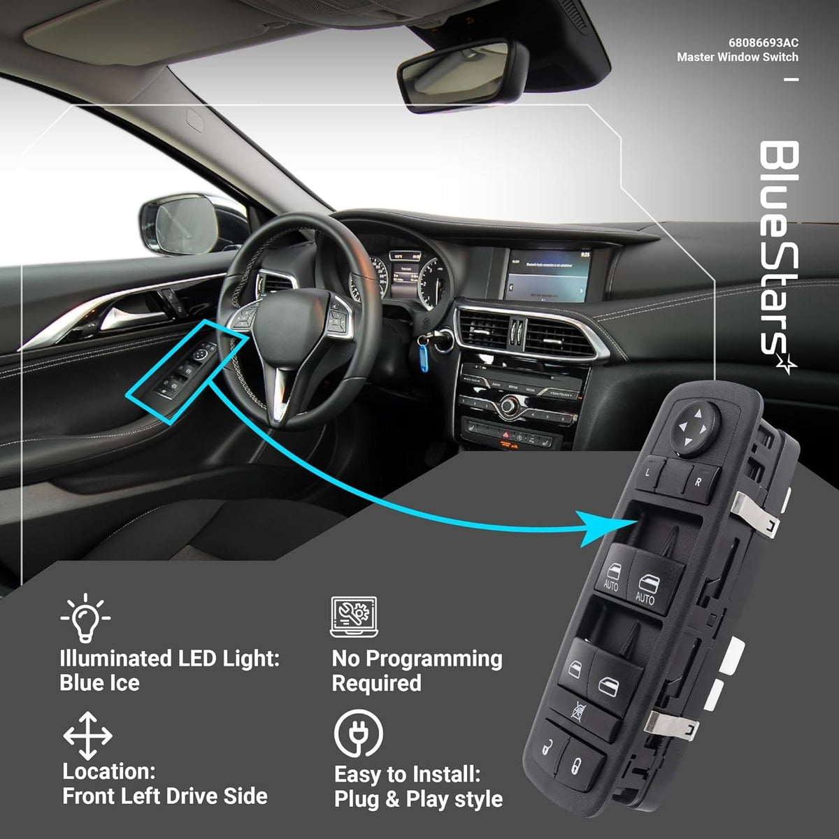68086693AC driver side power master window switch shown installed in vehicle interior with feature highlights.