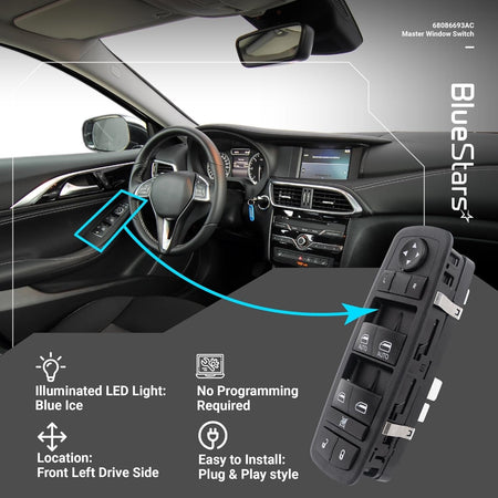 68086693AC driver side power master window switch shown installed in vehicle interior with feature highlights.