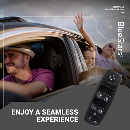 68086693AC driver side power master window switch shown on a lifestyle marketing graphic.
